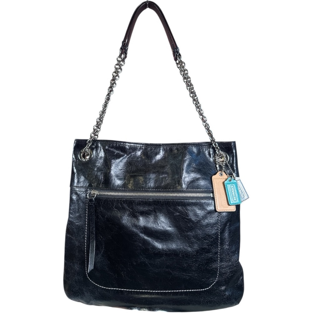 COACH Poppy EUC Slim Black Crackled Leather Convertible Bag - Picture 16 of 16